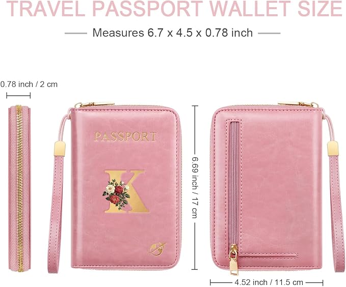 Passport Holder for Travel Personalized Wallet with Wristlet Women | All-in-One Passport Cover, RFID Blocking, Back Coin Pocket, Paper Money Slot, Zipper Closure, Roses Initial Letter, Pink K