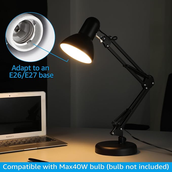 TORCHSTAR Metal Desk Lamp, Adjustable Swing Arm, E26, Black | Architect Gooseneck Multi-Joint Clip Table Lamp with Plastic Clamp, for Home Office, Work, Study, Reading, Bulbs not Included