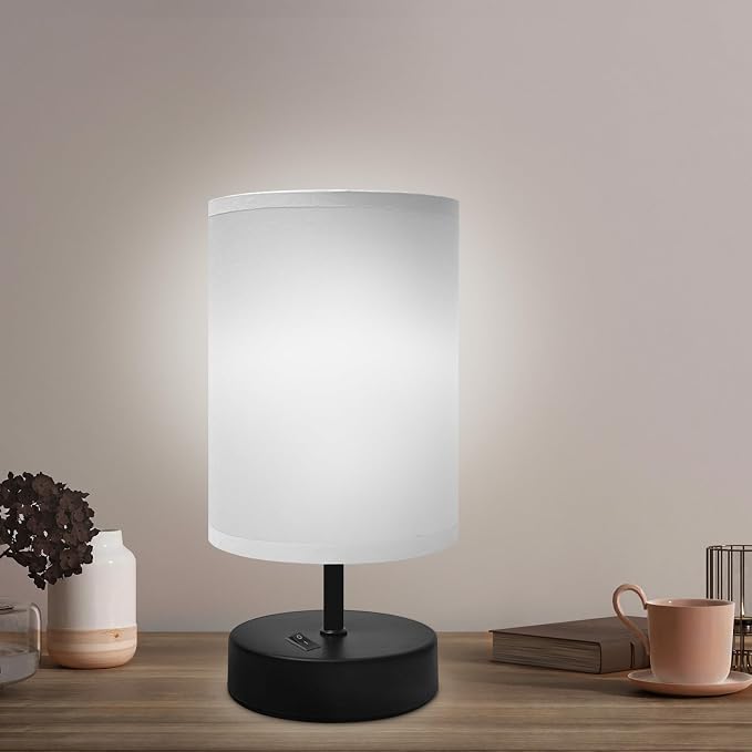DEGNJU Small Bedside Table Lamp, Gray Fabric Shade, 9 Inch, 1 Pack | Mini Minimalist Design, Round Shade, For Bedroom Night Stands, Desk Reading Lamp, Dorm Room Living Room Office
