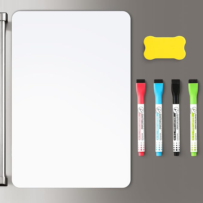 1 Pack Magnetic Dry Erase Board Sheet for Fridge, 12"x8" Erasable Refrigerator WhiteBoard w/ 4 Markers & 1 Eraser- Smooth and Flexible Small Magnet Blank Notepad for Home Kitchen Organizer and Planner
