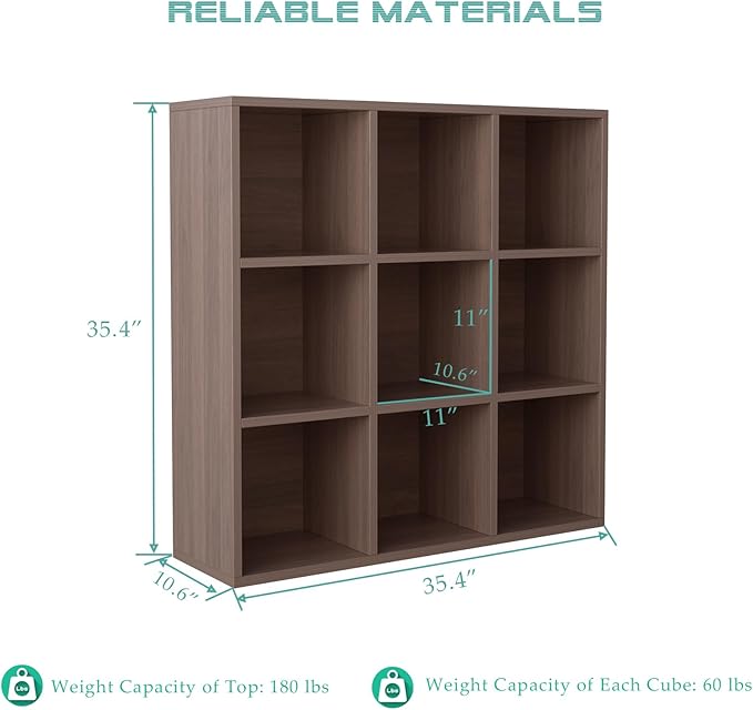 OSCHF 9-Cube Storage Shelf Bookcase - Wooden 3-Tier Floor Standing Open Bookshelf for Home and Office, Cuby Orgainzer, Walnut