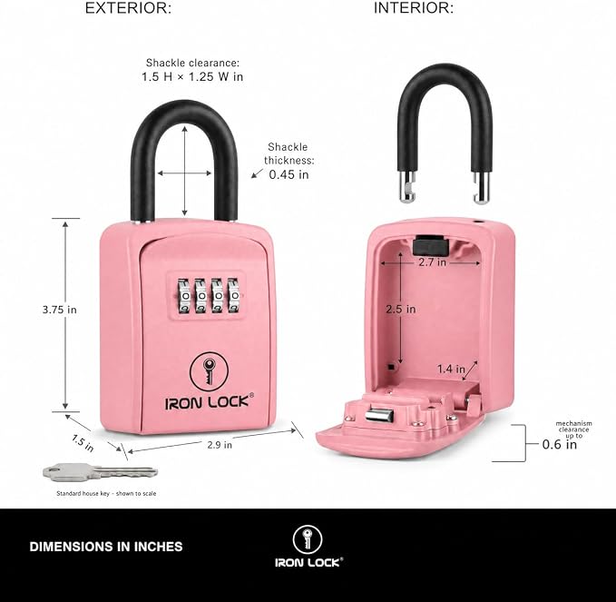 Iron Lock® Small Portable Key Lock Box with Code, U-Shackle (Small, Pink) | U-shackle opens fully out to loop over a handle, gate, latch or rail; rolling combination dials, no app, no battery
