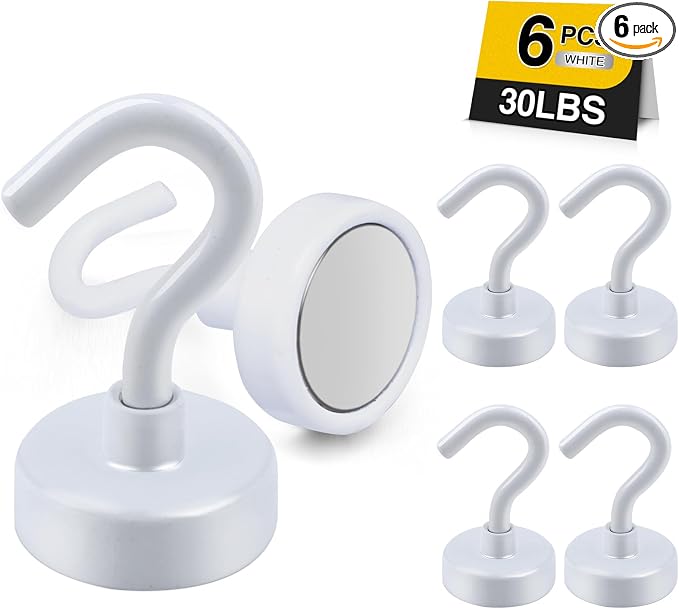 DIYMAG Magnetic Garage Hooks 6 Pack 30lbs 2026 Cruise Cabin Ship Essentials N52 Hook Heavy Duty Strong Magnets Fridge for Classroom Wall Mount Kitchen Grills White | Strong Neodymium Rare Earth Magnets, for Kitchen, Classroom, Beach, Cruise Cabins, Ref...