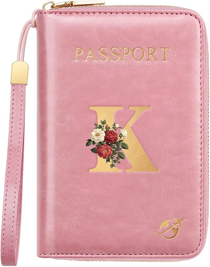 Passport Holder for Travel Personalized Wallet with Wristlet Women | All-in-One Passport Cover, RFID Blocking, Back Coin Pocket, Paper Money Slot, Zipper Closure, Roses Initial Letter, Pink K