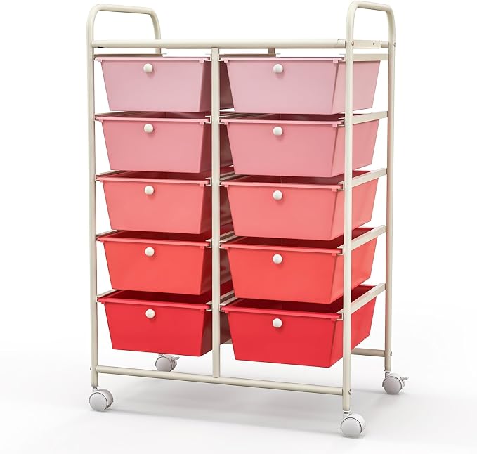 BECOMFORT 10-Drawer Rolling Cart with Drawers, Storage Cart on Wheels, Teacher Classroom Organizers with Metal Frame, Mobile Craft Cart, Trolley Utility Cart for School Office Play Room