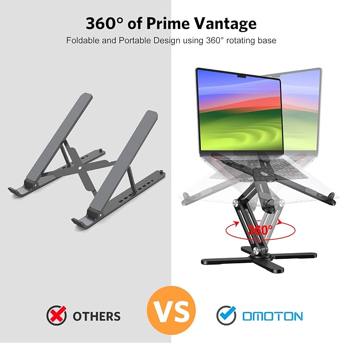 OMOTON LA10 360° Rotating Laptop Stand Riser Foldable for Desk, Black | Aluminium Aolly, Adjustable Height Angles, Collaborative Work, Easy Storage, Fits Laptops up to 17", for MacBook Pro/Air HP