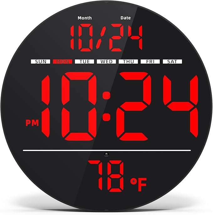 Digital Wall Clock with Large LED Display, Date, Temperature, Auto-Brightness | Small [PLUG-IN] Clock | Modern Electric Wall Clock for Bedroom, Classroom, Living Room, Home, Office, Farmhouse – Red