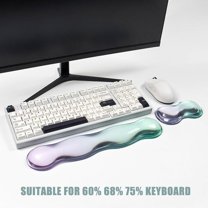 Gel Keyboard and Mouse Wrist Rest Set – Clear Wrist Rest for Computer Keyboard 60%/68%/75%, Comfort & Support for Typing and Gaming(Purple Green)