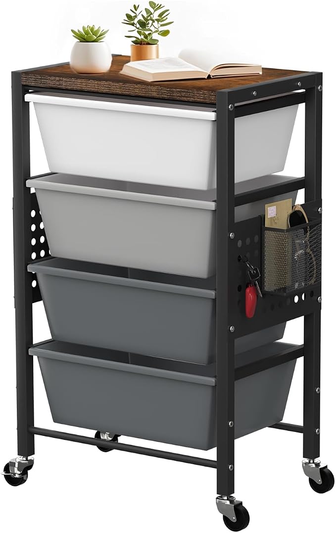 Rolling Cart with 4 Drawers, Plastic Drawer Storage Carts with Wheels & Wooden Tabletop, Metal Utility Cart with Pegboards, Office Living Room Classroom Craft Organization and Storage, Dark Grey