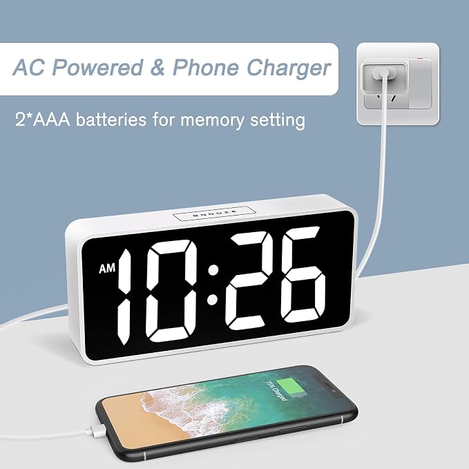 Welgo 7.5 Inch Huge Digital Alarm Clock for Seniors | 0-100% dimmer, oversized easy-read numbers, adjustable volume, USB charging port, snooze, outlet-powered for bedroom