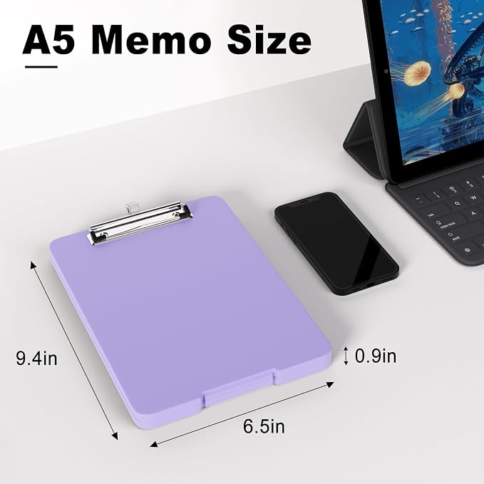 Hongri A5 Clipboard with Storage, Metal Retractable Pen Holder, Purple | 6 x 9'' Nursing Plastic Foldable Clip Board, Size 9.4 x 6.1 x 0.9 in, Menu Box for Work, Office & School Supplies