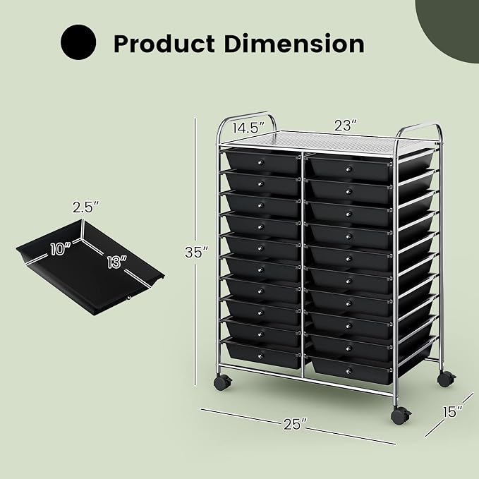 COSTWAY 20-Drawer Rolling Storage Cart, Utility Storage Organizer Cart | For Tools, Scrapbook, Paper, Craft, Multipurpose Storage Trolley on Wheels for Home Office School (Black)