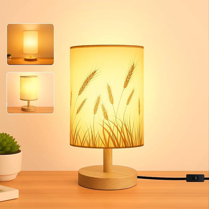 Desk Lamp LED Bulb Included, Small Bedside Table Lamp Plug-in - Classic Wood Base with Flaxen Fabric Shade, Lamps for Night Stands, Simple Nightstand Light for Bedroom, Office, Desk