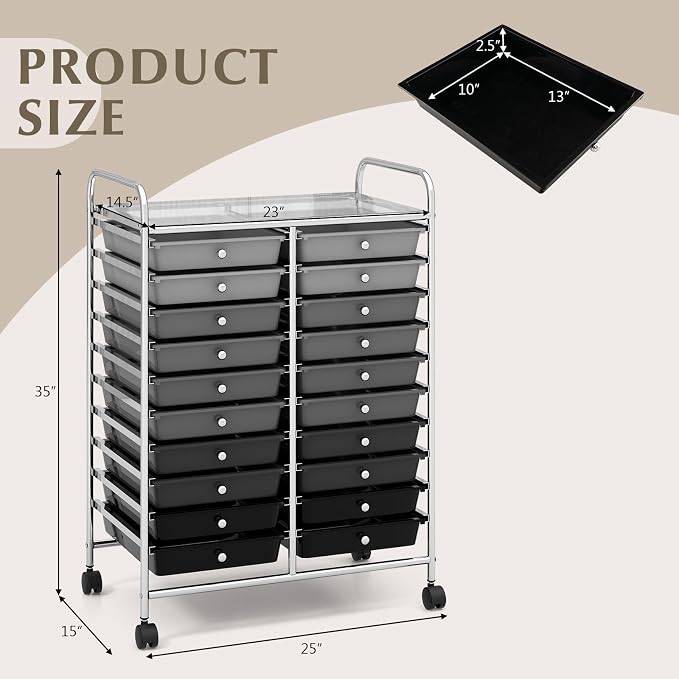 RELAX4LIFE 20 Drawer Rolling Storage Cart, Mobile Rolling Cart w/Drawers for School Classroom Teacher Office Home Salon, Paper File Art Supply Craft Organizer, Utility Cart on Wheels (Gradient Grey)