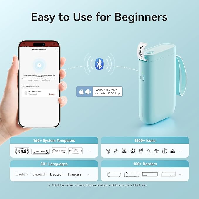 DEEPIN D11 Label Maker Machine Portable Bluetooth Label Maker with Tape, Thermal Label Printer Multiple Templates for Phone, Mini Label Sticker Printer for Business Office Organization, Green