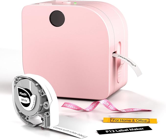 Phomemo Label Maker Machine with Tape, P12 Bluetooth Small Label Makers with Multiple Templates Ribbon Printer Machine for School, Name Tag, Home, Office, Kitchen, Gift Wrap, Pink