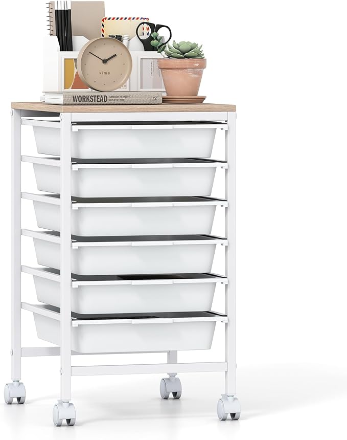 Giantex Rolling Storage Cart with 6 Drawers, Utility Cart w/Wooden Tabletop, Lockable Wheels, Multipurpose Organizer for Art Craft Books Paper, Drawer Carts for Dorm Classroom Office, White