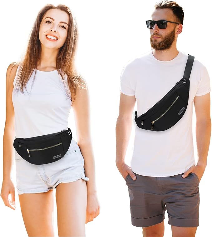 Fashion Cross body Fanny Pack Shoulder Bag for Women Men with Gold Zipper | 4-Zipper Pockets, Versatile,Fit All Phones,Key Chain,Gifts for Enjoy Sports Yoga Festival Workout Running Casual