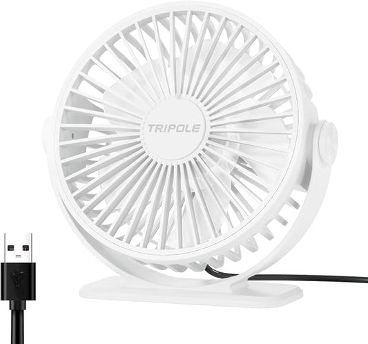 TriPole Desk Fan USB Powered Small Portable, 360°Rotation Mini Personal Fan | White, 3 Speeds Plug In USB Fan, Desk Fans Small Quiet, 4.9ft Cable, Strong Breeze for Desktop Bedroom Office Table Travel