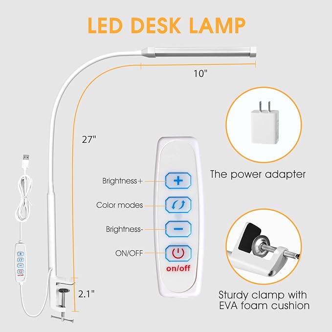 LED Desk Lamp with Clamp, Clip on Lights for Home Office, White | 3 Modes 10 Brightness, Long Flexible Goose-Neck, Eye-Caring, Memory Function, Energy Efficient, USB Adapter, Metal