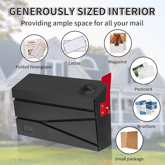 Ydocabinit Wall Mount Mailbox, Large Capacity Mailbox for House, with Flag, Visibility Galvanized Steel Rust-Proof Metal Post Drop Box, Mailboxes for Outside, 15.74"×9.84"×4.33" Solar Lanterns Black