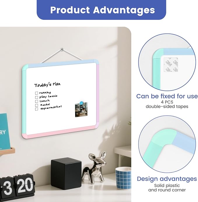 Small Wall White Board, 11" x 14" Mini Double-Sided Magnetic Dry Erase Board with Plastic Frame, Hanging Whiteboard with 5 Markers for Kids Students School Kitchen Home & Office, Colorful