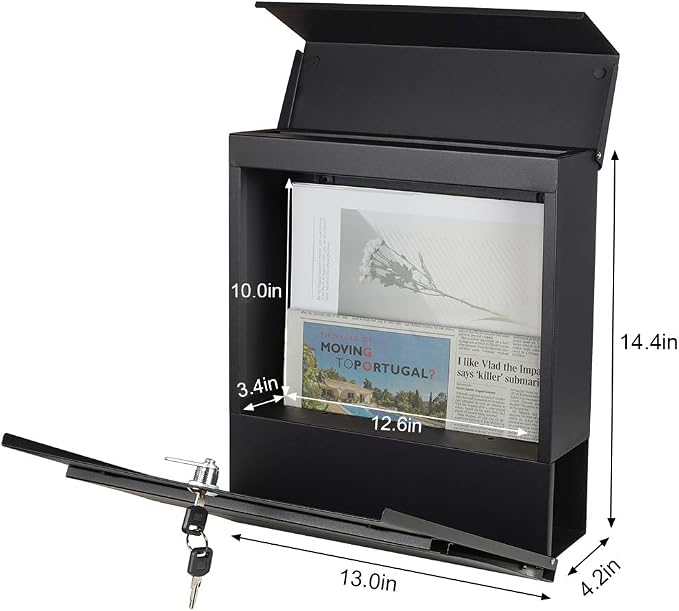 Decaller Large Capacity Mailbox with Key Lock, Wall Mount Metal Mail Box with Newspaper Compartment for Outside, 14.4" x 13" x 4.2", 933 Black