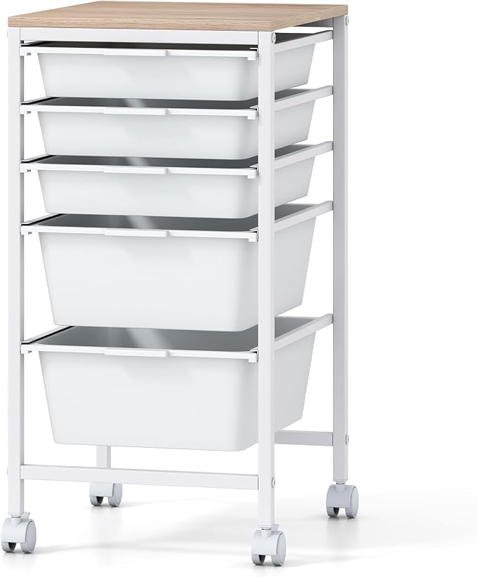 Giantex Rolling Storage Cart with 5 Drawers, Utility Cart w/Wooden Tabletop, Lockable Wheels, Multipurpose Organizer for Art Craft Books Paper, Drawer Carts for Dorm Classroom Office, White