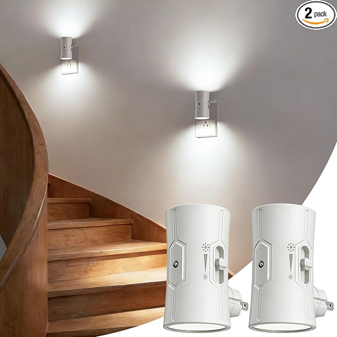 fesnne Night Light, LED Night Lights Plug into Wall, [2 Pack] White 0-100LM Adjustable Brightness Light Sensor Plug in Night Light for Hallway, Bathroom,Adult