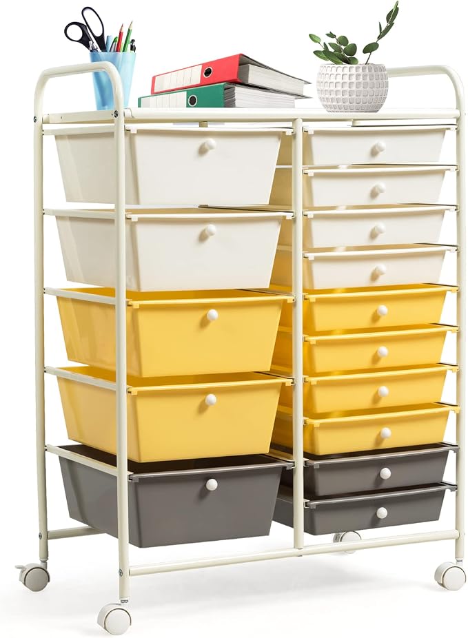 COSTWAY 15 Drawer Rolling Storage Cart, Mobile Storage Organizer | Removable Drawers & Metal Frame, Multipurpose Utility Tools Paper Organizer on Wheels for Home, Office (Yellow, Beige & Grey)