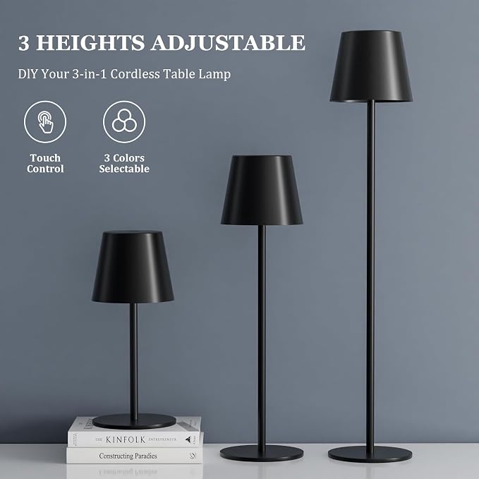 Kakanuo 20" Black Cordless Table Lamp Rechargeable - 2 Pack 5000mAH Battery Operated Lamp for Counter, 3 Color Stepless Dimming Wireless Lamp for Dining Table, Touch Control
