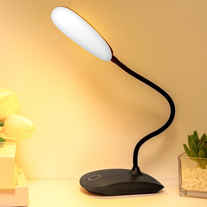 Portable Battery Powered Desk Lamp Small Rechargeable LED Table Light | 400 Lumen Eye Care,3 Color Temperatures,Stepless Touch Dimming,360° Adjustable for Nail Study Dorm Office Bedroom,Black 1 Pcs