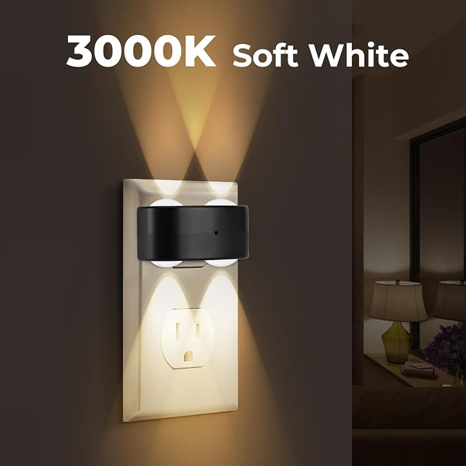 4 Pack LED Plug-in Wall Night Light, 100 Lumens Soft White 3000K, Auto On/Off Dusk to Dawn Sensor, Adjustable Swivel Head for Indoor – Ideal for Hallway, Bathroom, Stairs, Bedroom, Kitchen