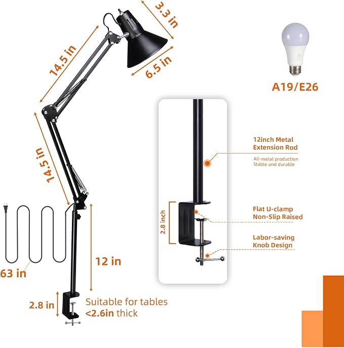 Black Desk Lamp with Clamp, Extra-Tall Adjustable Metal Swing Arm, 2 Pack | Manicurist Table Lamp for Nail Work, Drafting, Sewing, Crafting, College Dorm and Home Office, A19 Bulbs Included