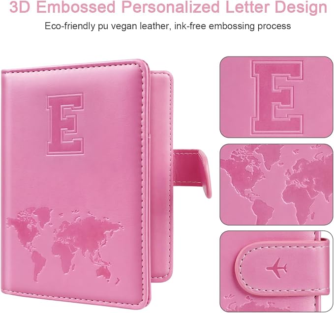Passport Holder Cover Initial Letter A-Z Travel Wallet Personalized | Travel Essentials, Embossed Design, RFID Blocking, Personalized Gift, Passport Book Holders for Women Girls, Pink-E