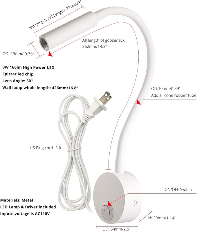 White Reading Lamps LED Wall Mounted Study Reading Light for Bed Headboard Gooseneck US Plug Corded-Electric Sconce Lamp Spot LED AC85-265V (6000K White)