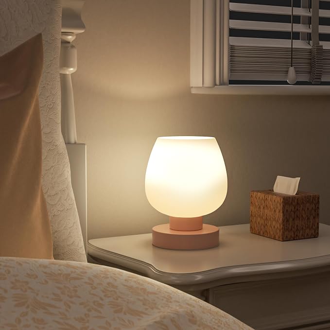 Seealle Pink Touch Table Lamp for Nightstand - Small Bedside Lamp for Bedroom Living Room Night Stands, Desk Lamp with White Glass Shade for Small Spaces, 3 Way Dimmable, LED Bulbs