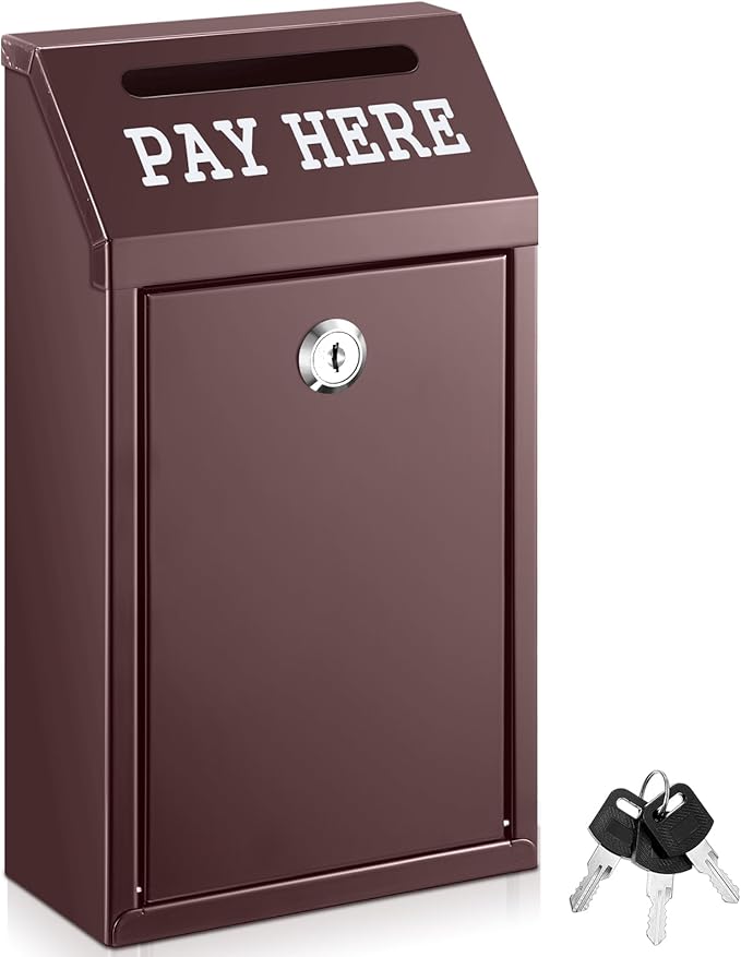Yaocom Safe Metal Cash Box for Farm Stand – Money Drop and Secure Donation Collection, Wall Mount Lockable Unit with Pre Drilled Holes for Outdoor Self Serve(Brown,10.2 x 5.7 x 2.8 Inch)