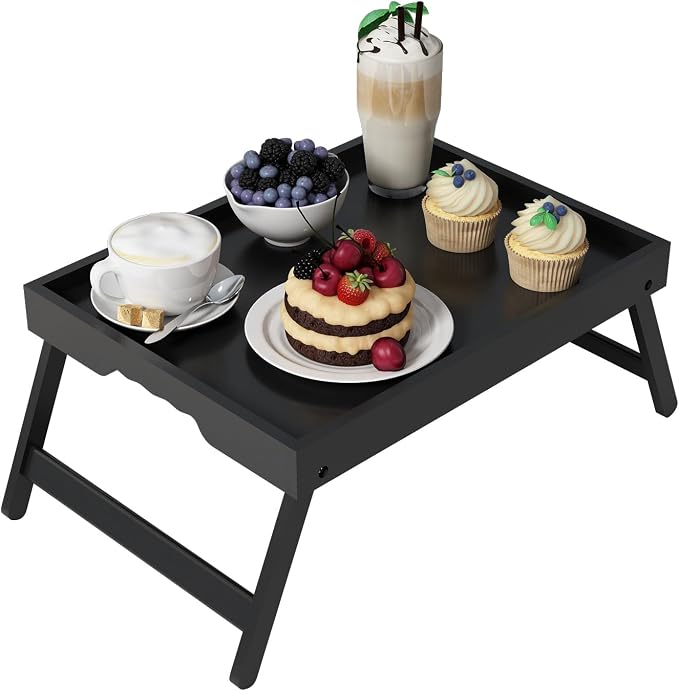 Youpehom Bamboo Bed Tray Table with Folding Legs, Medium, Black | Bamboo bed tray with folding legs, handles and raised edges for meals, laptops, reading and serving in bed or on a sofa.