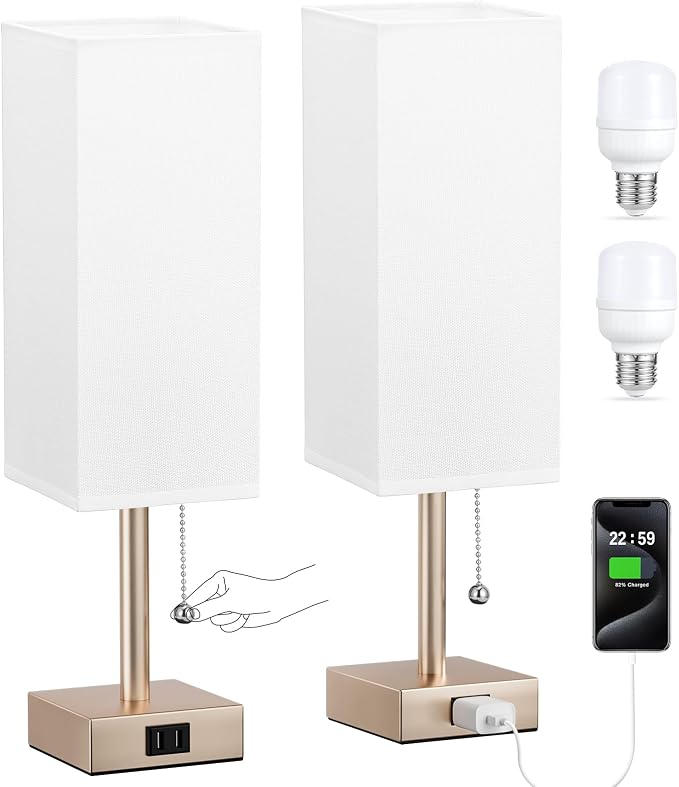 Bedside Lamp for Bedroom Set of 2 - Gold Table Lamp for Nightstand | AC Outlet, 3 Color Temperatures, LED Bulb Included, Pull Chain Design, 14" Rectangular Desk Lamp for Dorm/Office, 2-Pack