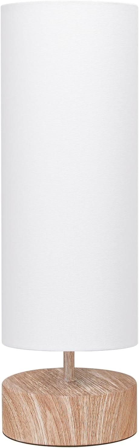 Touch Table Lamp with Wood Grain Metal Base, 3 Way Dimmable Bedside Lamp | Modern Nightstand Desk Lamp with White Shade, Simple Night Light for Bedroom Living Room Home Office, LED Bulb Included