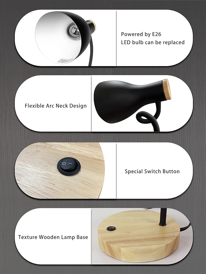 LALISU Metal Desk Lamp Table Lamp Reading Lights Arc Desk Lamps for Bedroom, Wood Base Bedside Lamp with Flexible Gooseneck for Study Room and Office (Wood Base+Black)