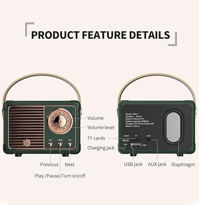 Dosmix Retro Bluetooth Speaker, Vintage Decor, Mini Wireless Bluetooth Speaker, Cute Old Fashion Style for Kitchen Desk Bedroom Office Party Outdoor Accessories for iPhone Android (Green)