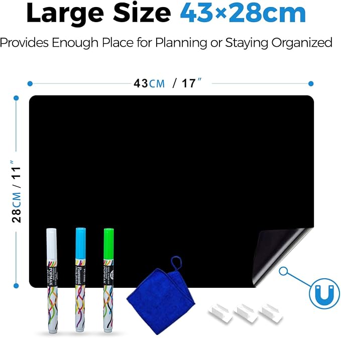 Magnetic Black Dry Erase Board Fridge Chalkboard Sheet 17"x11" | Easy to Read with 3 Bright Colors Chalk Markers, Flexible Refrigerator Magnet Blackboard for Weekly Menu & Grocery List