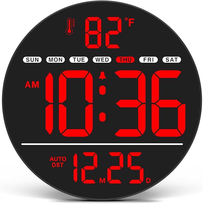 WallarGe Large Digital Wall Clock with LED Display, Electric Wall Clock with Temperature, Auto DST, Date, and Day, 5-Level Brightness for Office, Bedroom, Living Room, Classroom Décor