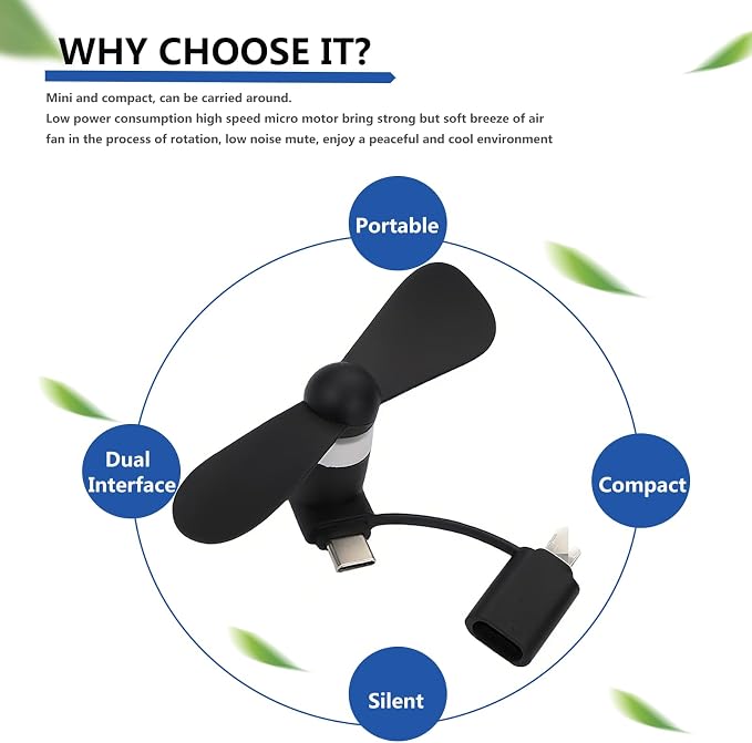 JORMEY 4 Pack Mini Cell Phone Fan, 2 in 1 Portable Cellphone Fan Pocket Fans Travel Fans Fast Cooling for Summer Outdoor, for Android Phone/Type-C Interfaces