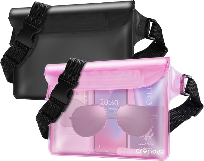 Waterproof Bag Fanny Packs for Women, Floating Beach Bags 2PCS | Floating, ideal for Beach, Boating & Kayaking&Fishing&Diving, Durable Material, Phone & Passport Pouch(black&pink)