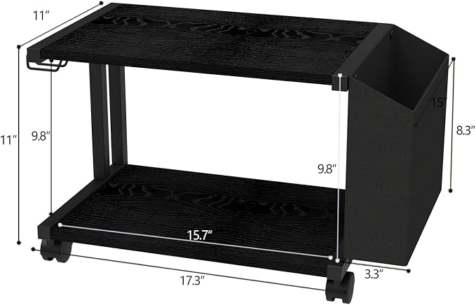 VEDECASA 2 Tier Black Printer Stand with Storage Bag for Home Office Desktop Printer Table Underdesk Organizer Mobile Printer Shelf with Caster Wheel (Black)