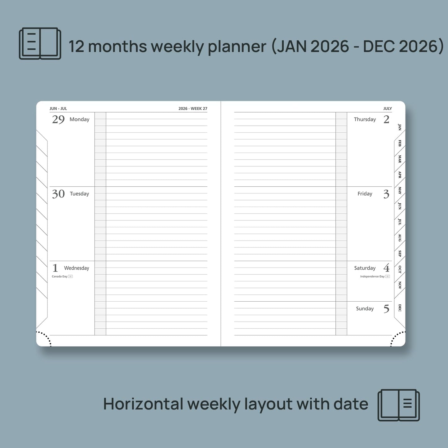 POPRUN 2026 Weekly Planner (Medium 6.75" x 8.75") 12 Months Calendar Notebook with Horizontal Layout, Leather Hardcover, Inner Pocket, 100GSM Thick Paper, Pen Holder - Soft Pink