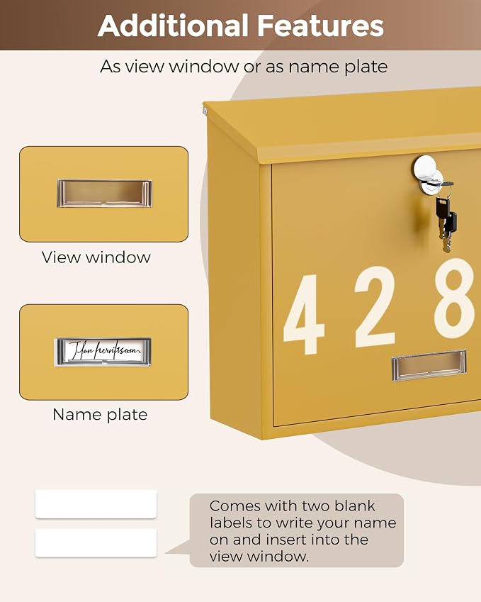 LAND·VOI Locking Wall-Mount Mailbox for Outside, with 4 Keys, Galvanized Steel Rustproof Metal Postbox, 4" Dx13.8 Wx11.2 H, Includes 3 Sets of Mailbox Numbers, Nameplate, Yellow